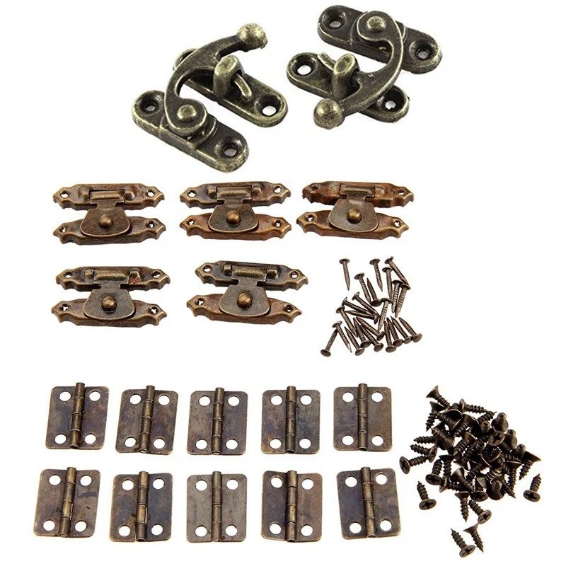 

2Pcs 33mmx29mm Jewelry Box Hasp Hook Lock Latch Antique Brass Color & 5Pcs Antique Bronze Antique Cabinet Door Latch Hasps Decor