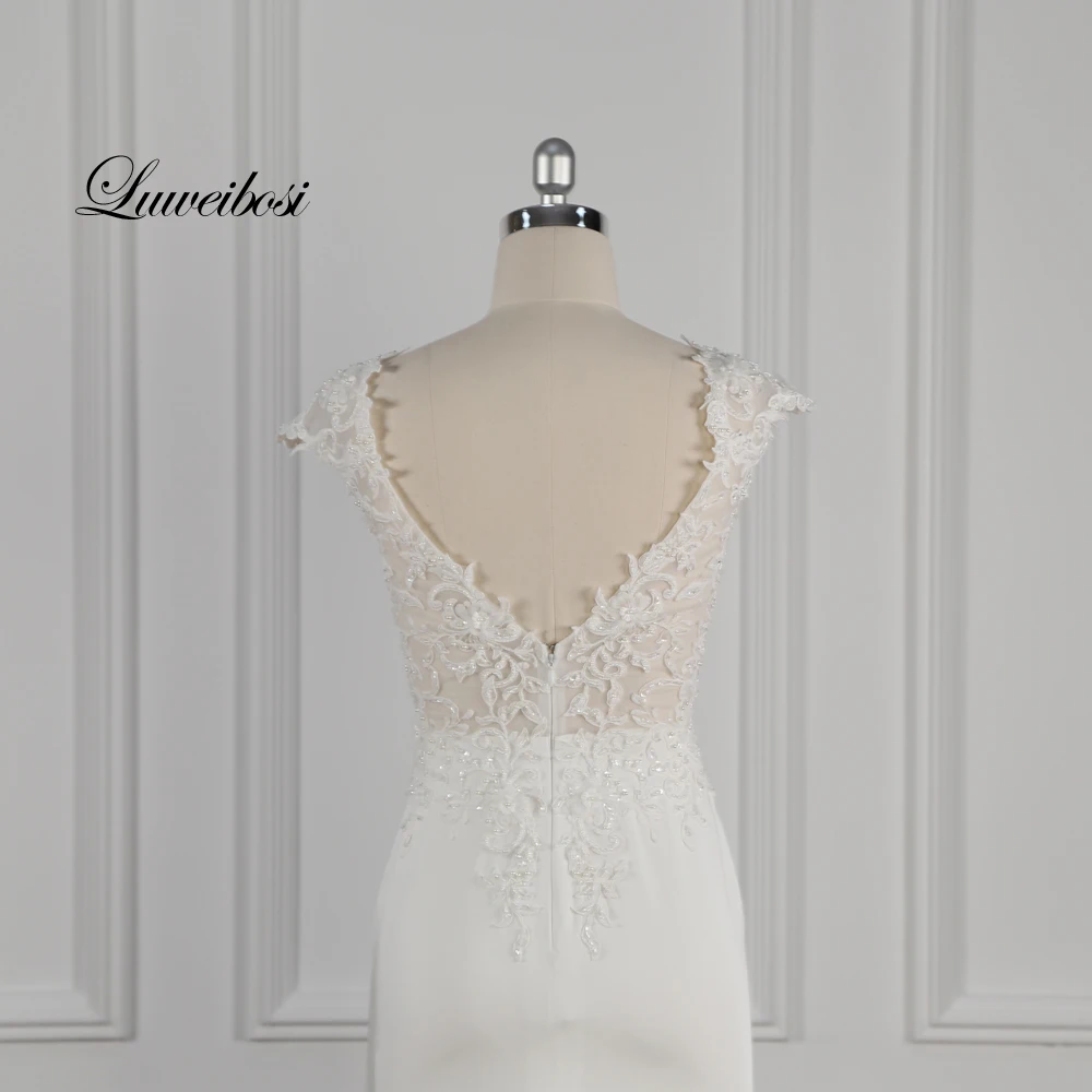 Реальное изображение Wellbirth Vestido de novia атласное кружевное свадебное платье русалки с рукавами-крылышками свадебное платье TT039