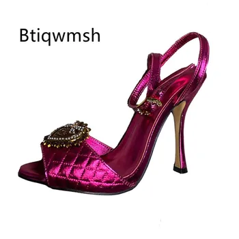 

Luxury Gladiator Sandals Women Peep Toe Rhinestone Pink White Leather Ankle Strap High Heel Shoes Woman Sexy Wedding Shoes