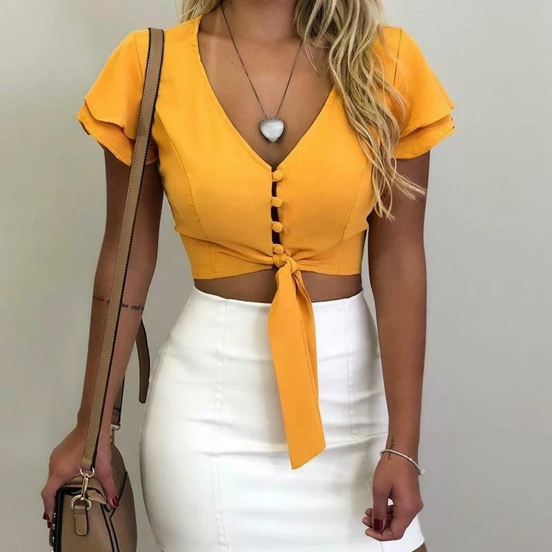 

Fashion Elegant Sexy Womens Ruffled Button-Down Hollow Front Tie Bow Knot V neck Shirt Top Shirt Casual Blouse Solid Color