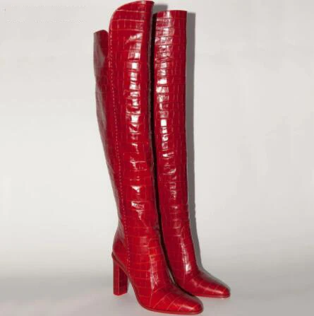 Роскошные кожаные сапоги выше колена; женские пикантные сапоги до бедра на не сужающемся книзу массивном каблуке с круглым носком; зимняя обувь на молнии; женская дизайнерская обувь для подиума - Цвет: Красный