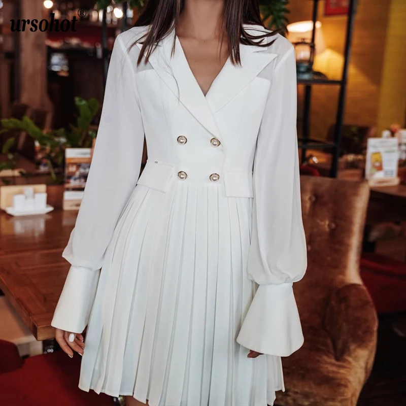 Ursohot Elegant Notched Double Breasted Women Dress Office Blazer White Puff Sleeve Slim Suit Pleated Chiffon Dresses |