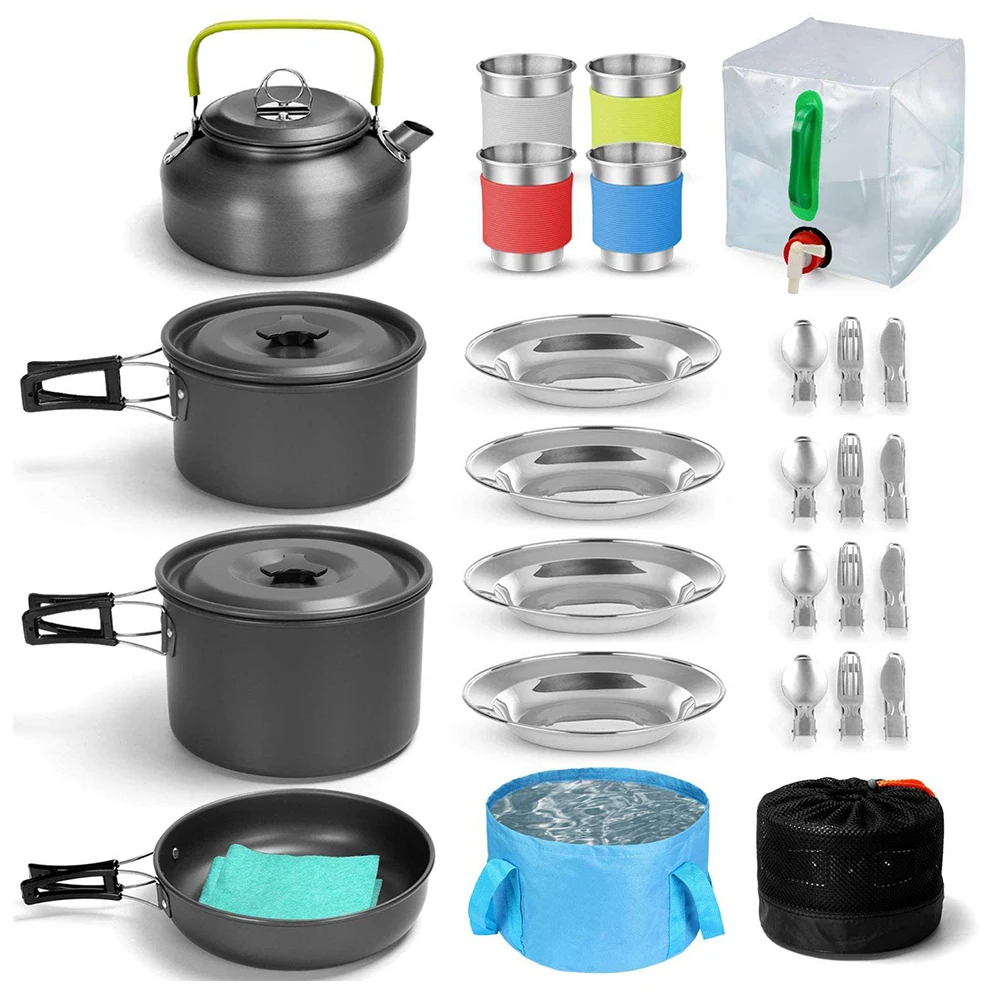 Camping Cookware 29PCS Kit Tableware Set 4 Person Outdoor Picnic Cooking Supplies with Bucket Bowl Pans Fold Knife Fork | Спорт и