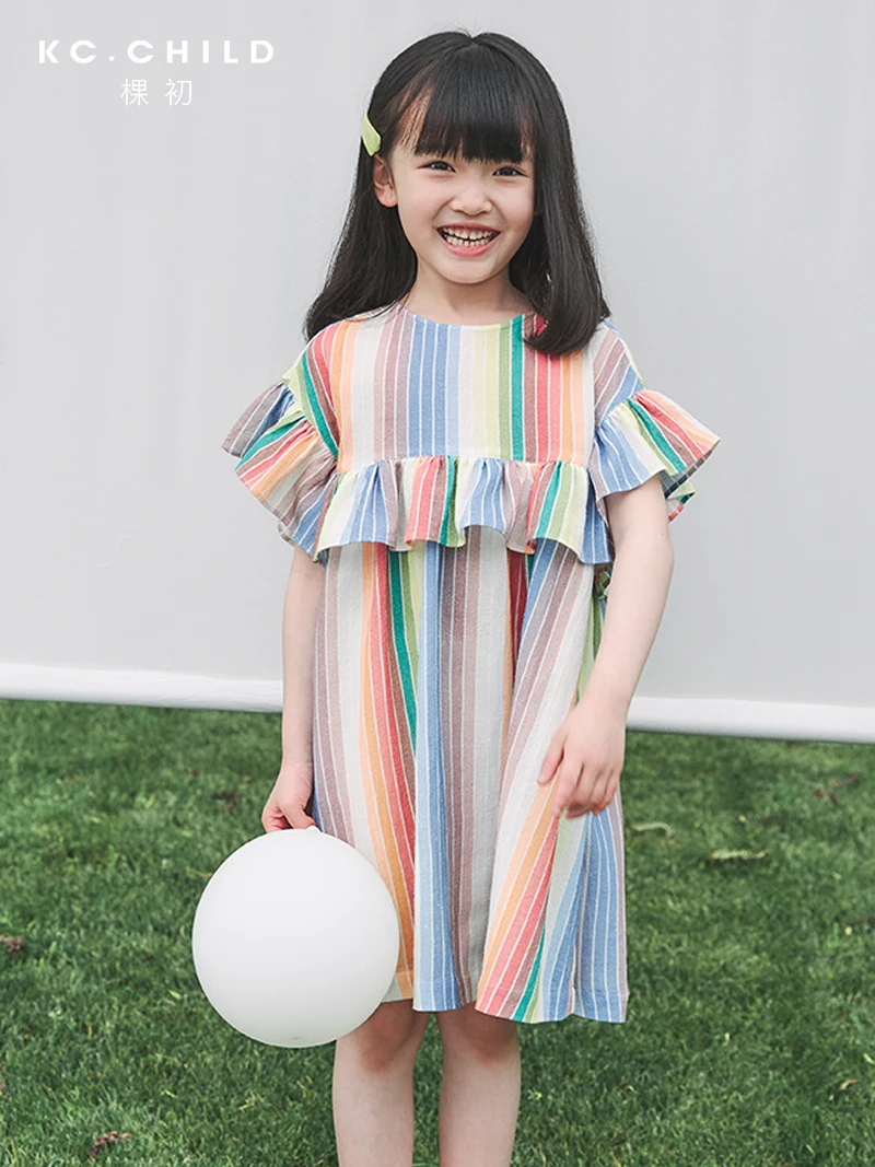KC.Child Girl's Rainbow Dress with Ruffles Breathable Cotton Linen Fabric Kid's for Summer Age2-10Y | Детская одежда и