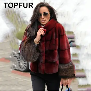 

TOPFUR 2019 Fashion Wine Red Coat Women Short Jacket Real Fur Coat With Fur Collar Natural Mink Fur Full Sleeves With Fox Fur