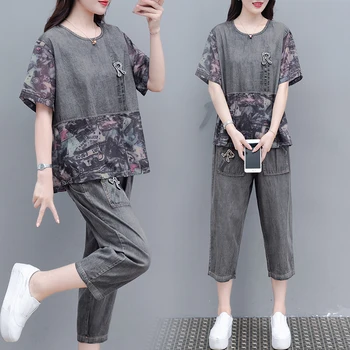 

2020 summer women's retro printed stitching denim tops+jeans suits female fashion loose denim two piece sets