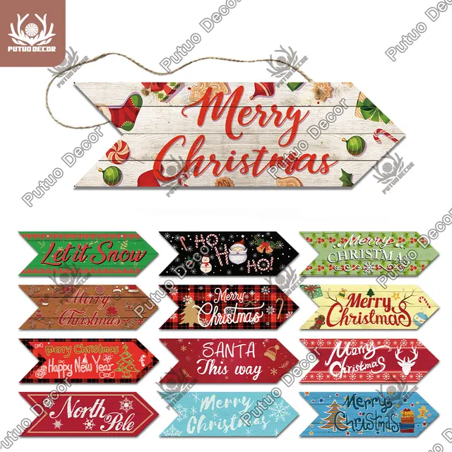 Putuo Decor Merry Christmas Signs Arrow Wood Sign Wooden Plaque Hanging Plate for Xmas Tree Snowflake Elk Gnome Home Wall Decor 1