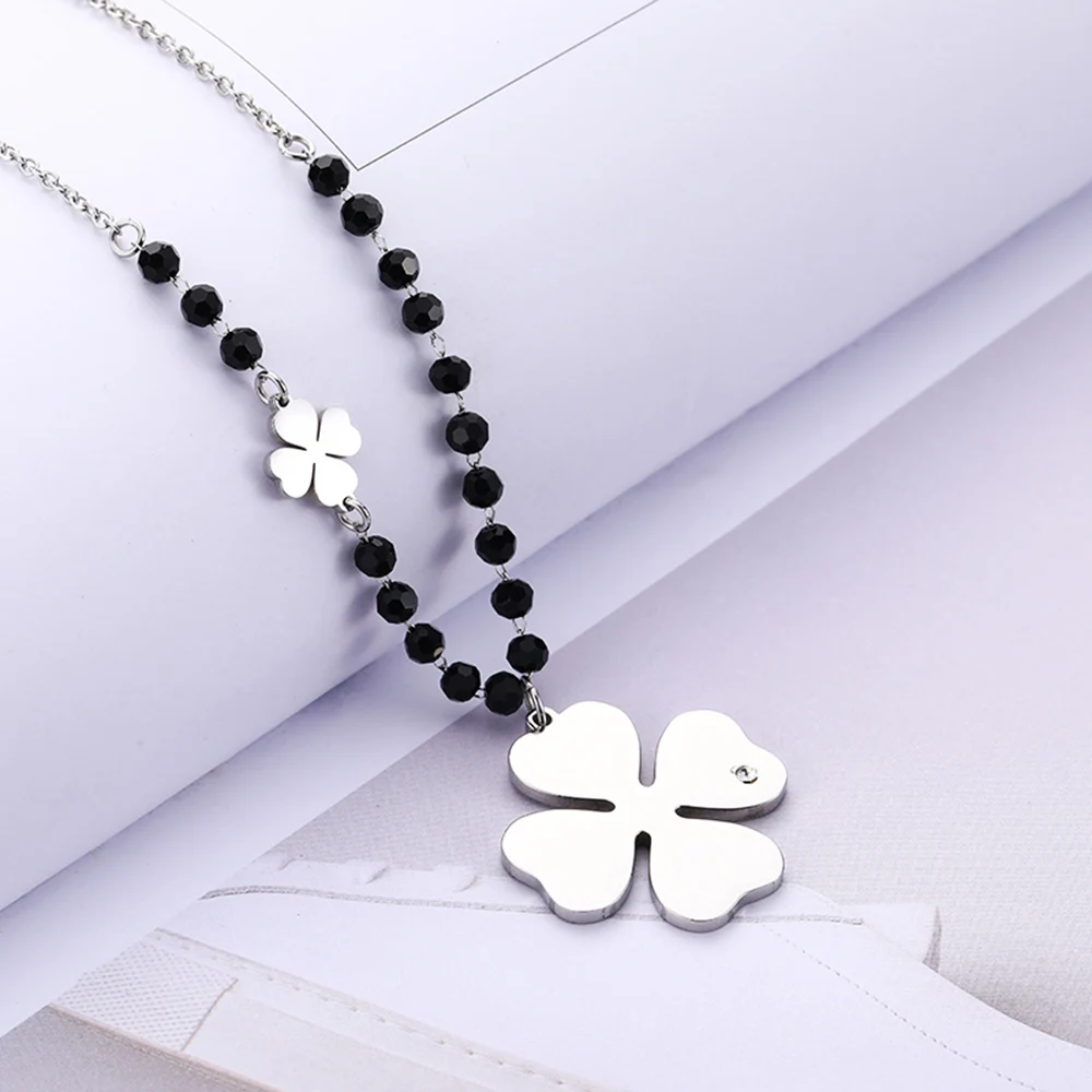 2021 Clover Pendant Necklace for Women Black Crystal Chain Stainless Steel Necklace Heart Choker Jewelry Gifts for New Year 2022