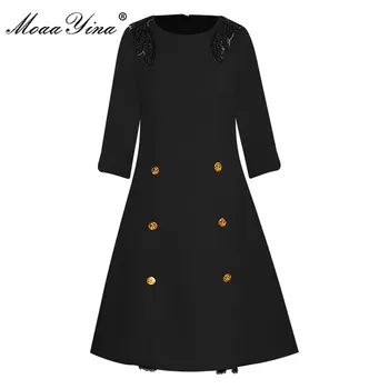 

MoaaYina Fashion Designer dress Spring Autumn Women's Dress 3/4 Sleeve Double breasted Beading Elegant Split Dresses