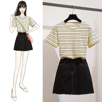 

Summer Loose Colorful Striped Short Sleeve T-Shirt High Waist Bodycon Jeans Skirt Female Casual Suit Dress