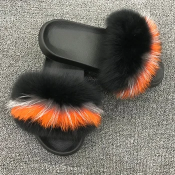 

Fashion Design Real Fur Slippers Real Fox Fur Flat Furry Flip Flops Shoes Color Mix Casual Fox Hair Flat Fluffy Slippers