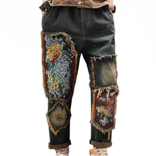 Осенние модные женские панковские джинсовые штаны-шаровары, женские джинсы с цветочной вышивкой, винтажные лоскутные брюки с эластичным поясом p164