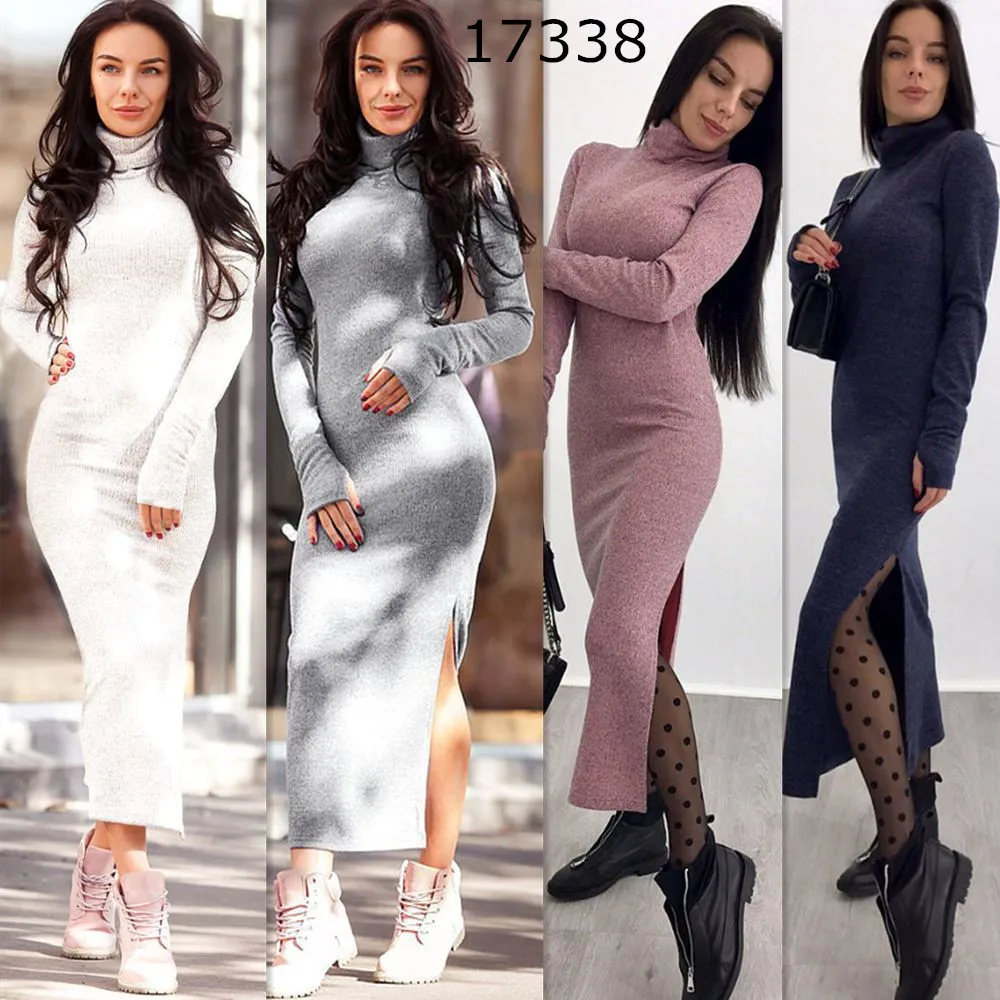 

Lossky Turtleneck Slim Solid Knitted Dress Women Sexy Split Long Sleeve Autumn Winter Maxi Dresses Bodycon Long Dress Vestidos
