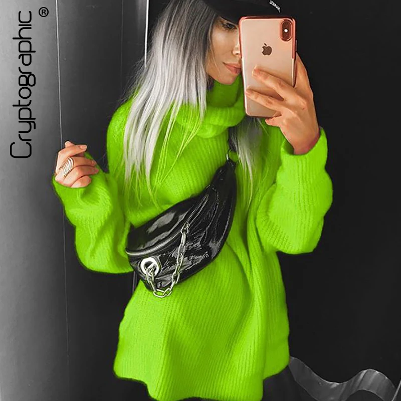 

Cryptographic Turtlenecks Sweaters for Female Loose Long Sleeve Knitted Pullovers Winter Autumn Oversized Long Sweaters Hot Pink