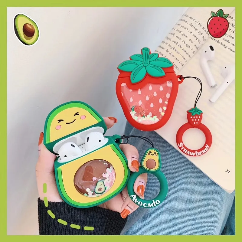 

3D Silicone Tropical Fruit Pineapple/Strawberry/Avocado Flowing Tiny Shine Fruits Logo Airpods Case Buy One Get One Ring Free