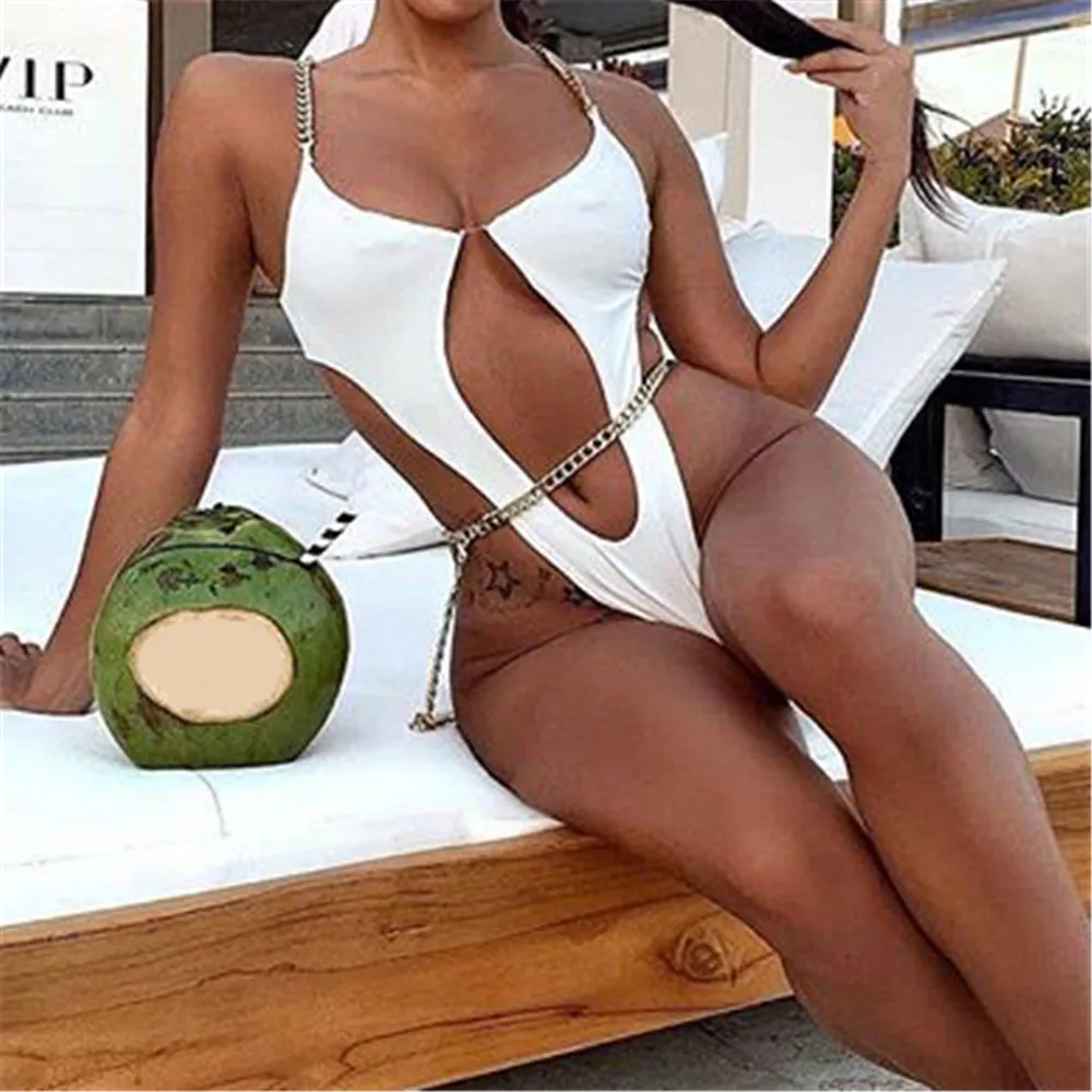 White Swimsuit Сексуальное с высоким вырезом трикини женщина микро стринги Плавание костюм бразильский купальник Дамский Монокини цепи Одна деталь Плавание одежда Для женщин плавание ванна костюм - Цвет: White Swimsuit