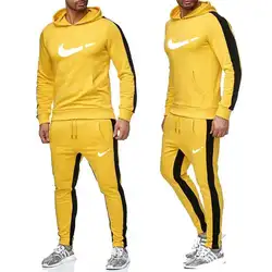 Новый 2019 брендовый тренировочный костюм мужское термобелье Для мужчин Спортивные костюмы флисовое плотное худи + штаны спортивный костюм