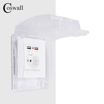 

Coswall IP55 Waterproof Dust-proof Transparent Box + White Glass Wall Panel EU Standard Socket With Dual USB Charging Port