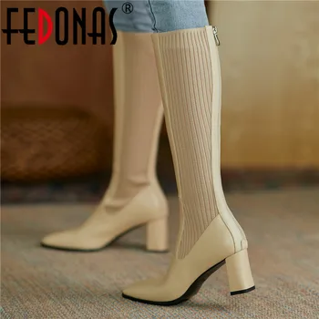 

FEDONAS Back Zipper High Heels Boots For Women Genuine Leather Square Toe Shoes Woman 2020 Autumn Winter Party Slim Long Shoes