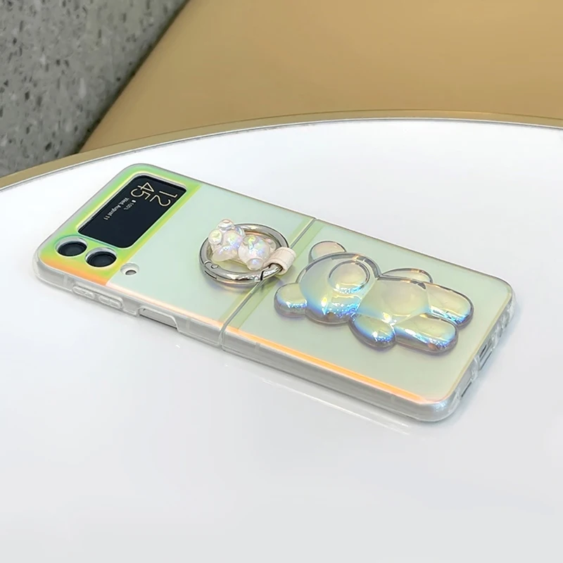 For Samsung ZFlip3 Cases Frosted Aurora Bear Ring Korean Original Shell for Samsung Galaxy Z Flip 3 Phone Covers Kawaii phone carrying case Cases & Covers