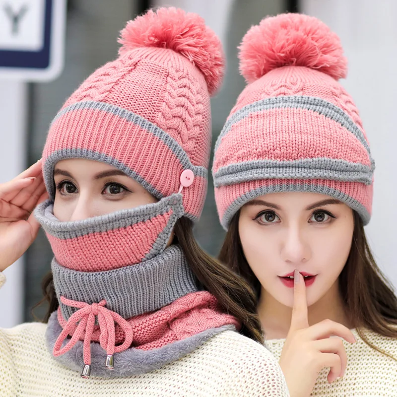 Женская Мужская зимняя шапка теплая Толстая шапочка шапка шарф для зимы вязаная Лыжная вязаная шапка - Цвет: Pink