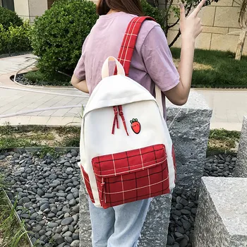 

Women Plaid Casual Backpack Fashion Wild Large Capacity Canvas Bag Solid Color Travel Bag Large Shoulder Bags *