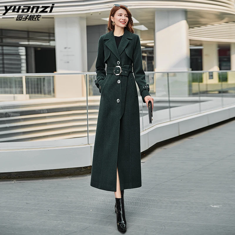 Winter Coat Women New Dark Green Wool Coat Female Turn-down Collar Single Breasted High Quality Plus Size Long Outerwear - Цвет: Dark green