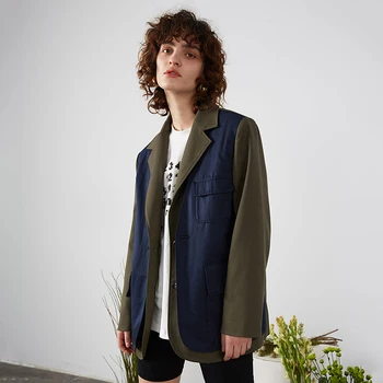 

loose Women Green Contrast Color Split Blazer New Lapel Long Sleeve Loose Fit Jacket Fashion Tide Spring Autumn 2020 1R689