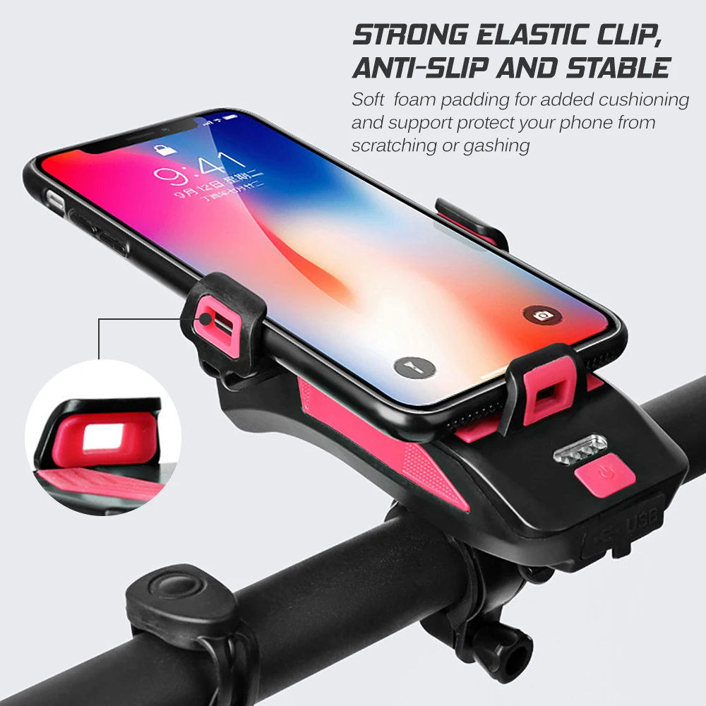 4 IN1 Bike Light USB Bicycle Horn Lamp with Mobile Phone Bracket 250 Lumens Bike Flashlight Cycling Headlight 3 Lighting Modes
