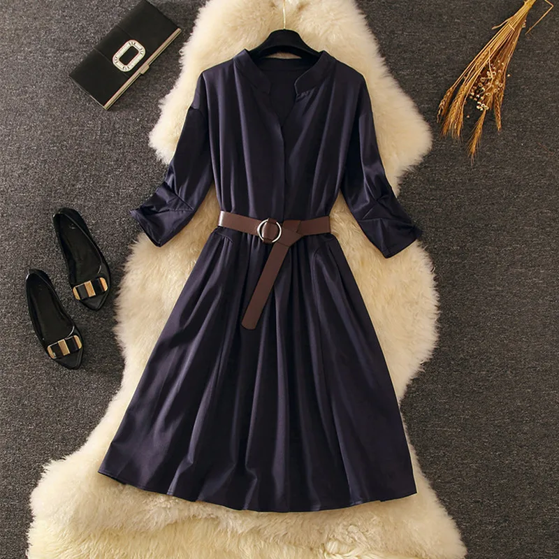 

2019 Autumn New Women Vintage Blue V-neck Half Sleeve A-Line Slim Formal Office Lady Work Dresses Party Winter Spring