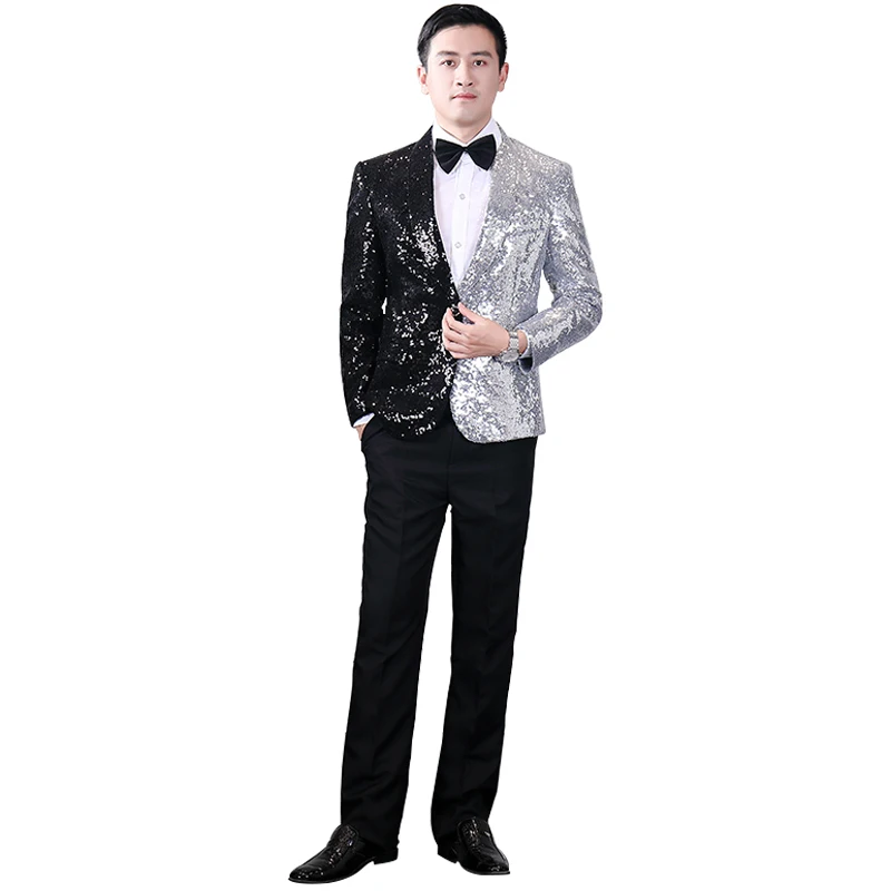 

New Fashion Men's Suit Half Black Half Silver Sequin Jacket Peaky Blinders Cosplay Party Dresses Elegant Men Wedding Suits Groom
