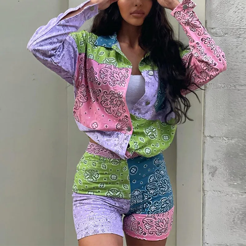 Women's Long Sleeve Print Shorts Tracksuit 2021 Autumn Single Breasted Turn-down Collar Sets Ladies Casual Fashion Street Set - Image 2