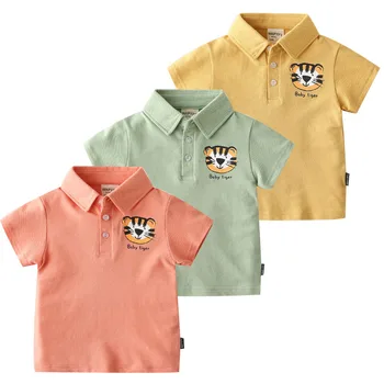 

Summer Baby Boys Short Sleeve tops Turn-down Collar Cartoon Animals Korean Style 4 Colors Casual Outwear For Kids
