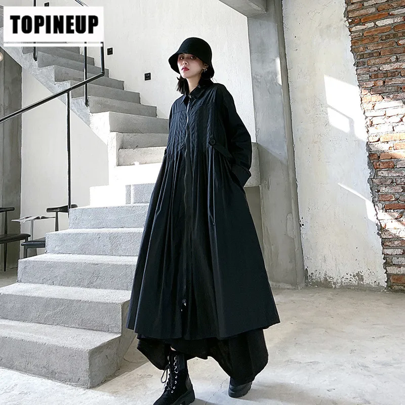 

Darkness style women plus size loose pleated trench coat 2020 new spring zipper open women's overcoat clothes