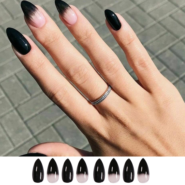 Detachable False Nails French with Black Line Fake Nails Full Cover Nail Art Tips Press on Nails with Glue Manicure Tools