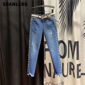 

Blue Pearls Beads Casual Denim Jeans Woman Spring Autumn Vintage Pocket Skinny Women Jeans Femme Stretchy Pants Jean