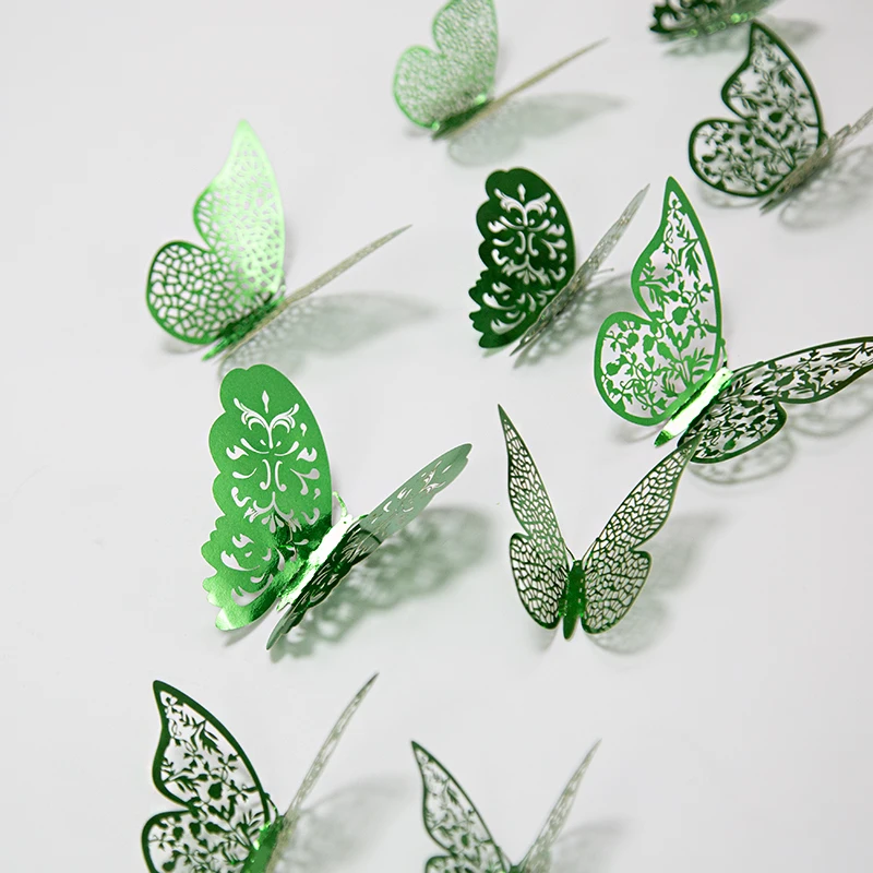 새로운 거울 종이 무지개 빛깔의 보라색 녹색 파란색 3D 중공 나비 벽 스티커 나비 데칼 생일 파티 DIY 장식