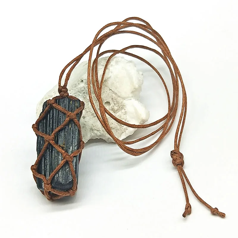 Handmade Weaved Natural Black Tourmaline Necklace Men Raw Stone Energy Pendant Women Jewelry Gift for Her NS-02 | Украшения и