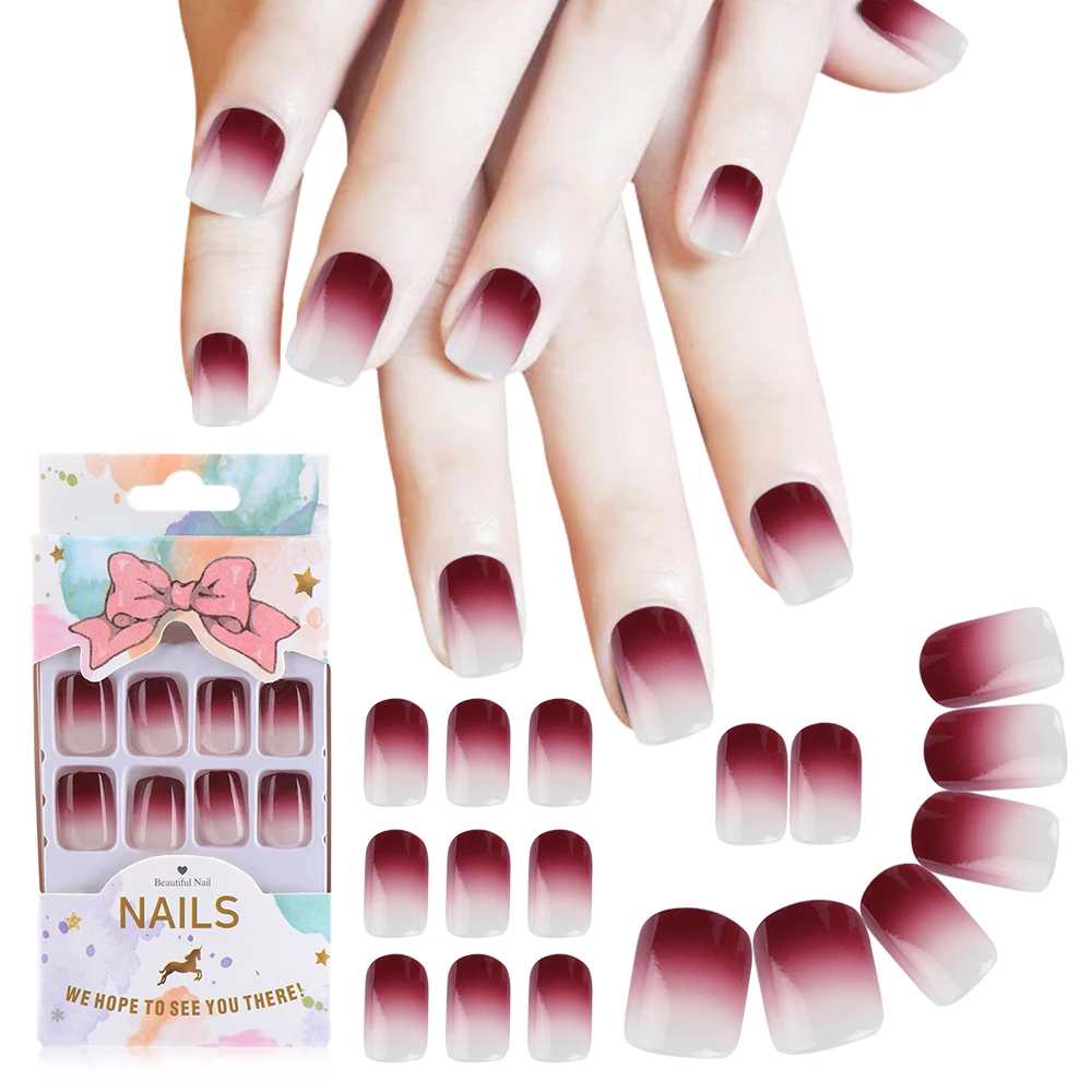 

24 Pcs New Red Wine Gradient Color Long False Nails Fashion Popular Fake Nails For Ladies And Girls With Glue Stickers Manicure