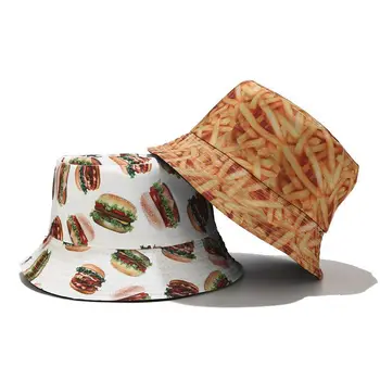 

2020 New Fashion Summer Potato Chips Hamburger Printed Fisherman Caps Reversible Bucket Hats Gorro Pescador Men Women