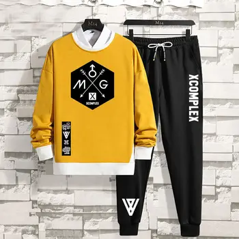 

Autumn Long-Sleeved Sweater Korean Style Suit Men's New Fashion Loose Handsome Casual Hooded Two-Piece Sports Suit