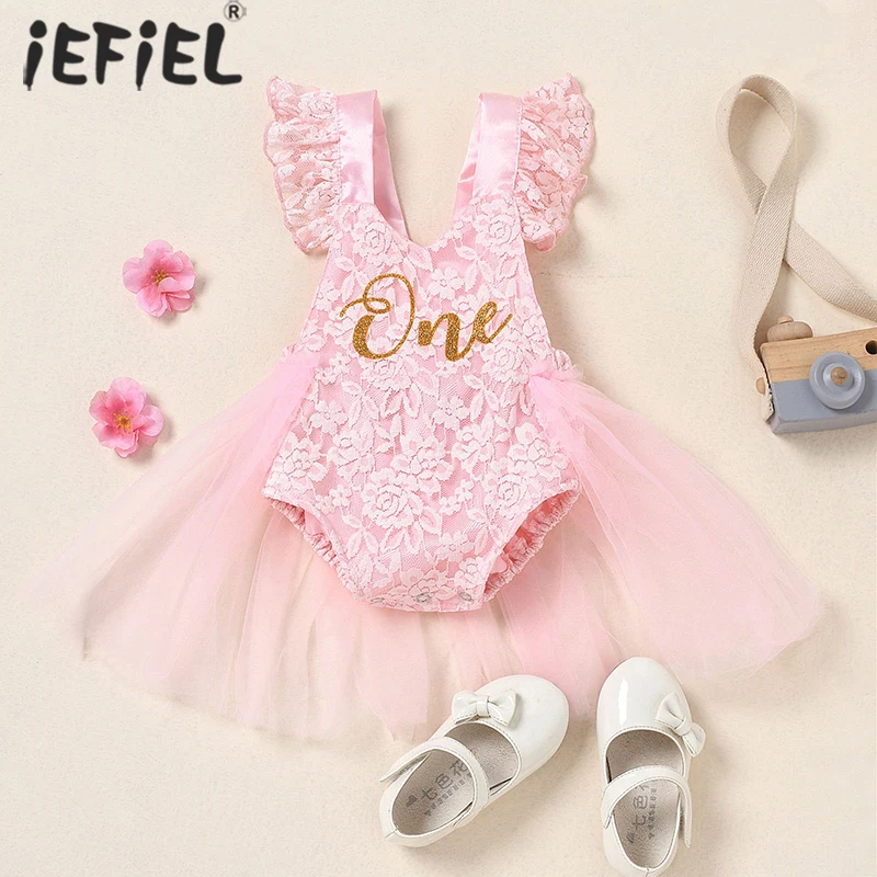 

Baby Girls One 1st First Birthday Party Mesh Lace Dress Cute Sleeveless One Letter Print Infant Baby Girls Tulle Tutu Dresses
