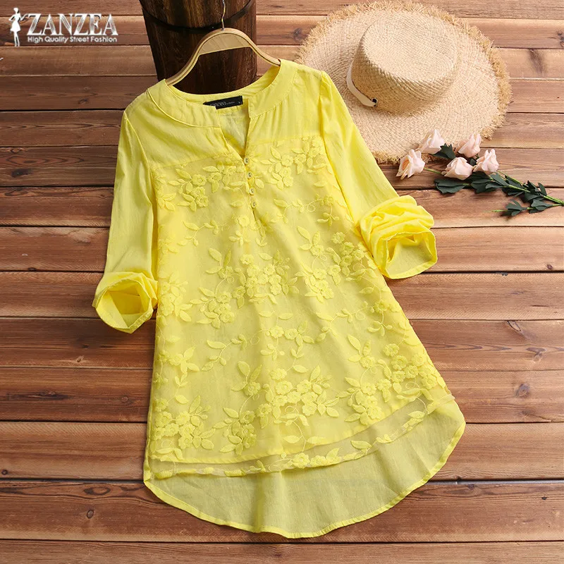 Элегантные топы с вышивкой женская летняя блузка ZANZEA туника с v-образным вырезом и длинным рукавом Женская шикарная на пуговицах блуза размера плюс 5XL - Цвет: Цвет: желтый