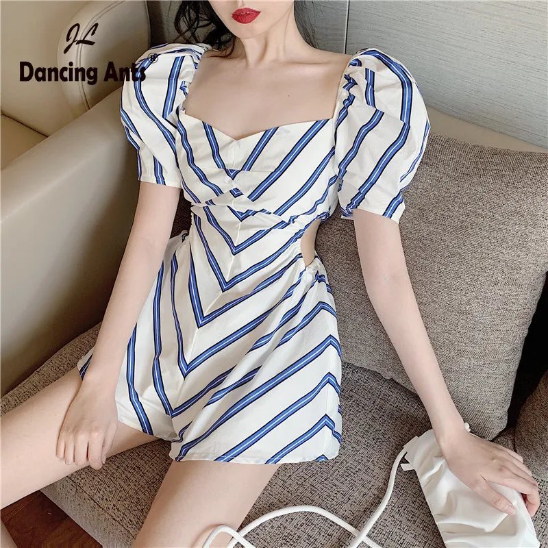 Monos para mujer con cuello cuadrado a rayas, Manga corta abombada, moda urbana informal, playa, Sexy, nueva tendencia