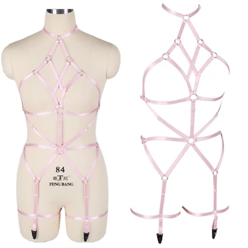 

Pink Full Harness Set Body Bondage Sexy Lingerie Gourd Buckle Garter Elastic Adjust Harness Bra Punk Goth Fetish Pole Dance Rave