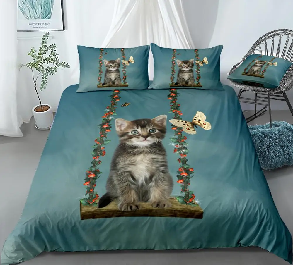 

Комплект постельного белья для мальчиков и девочек, комплект из 3 предметов с рисунком кота в гамаке, пододеяльник синего цвета с рисунком бабочки, пододеяльник с рисунком животных