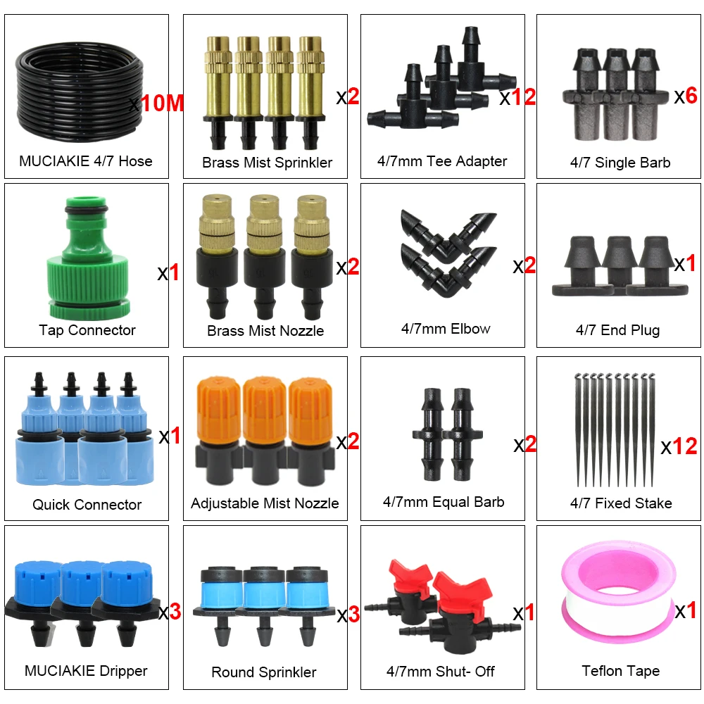 MUCIAKIE 50M/10M DIY Micro Drip Irrigation Misting Cooling System With 5 Types Adjustable Nozzle Sprinkler Garden Watering Kits - Цвет: C 10M Kit