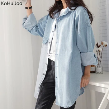 

KoHuiJoo Women Jeans Shirt Plus size striped patchwork loose denim blouse 2020 Spring Long Sleeve Pokets Long Shirt Female