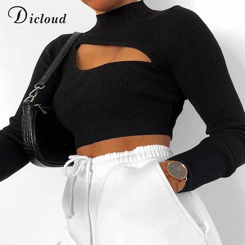 DICLOUD, открытая водолазка, базовый пуловер, женский, черный, белый, длинный рукав, однотонный, тонкий свитер, осень, весна, повседневный джемпер, женский - Цвет: Black