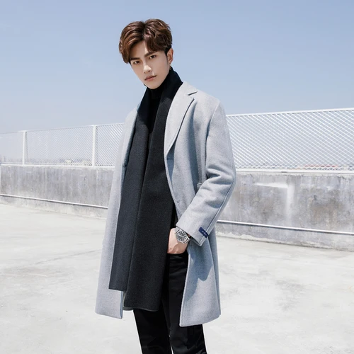 AreMoMuWha новое шерстяное пальто мужской корейской версии шерстяного пальто мужской длинный участок сплошной цвет тонкий утолщение ветровка 1241 - Цвет: Light blue